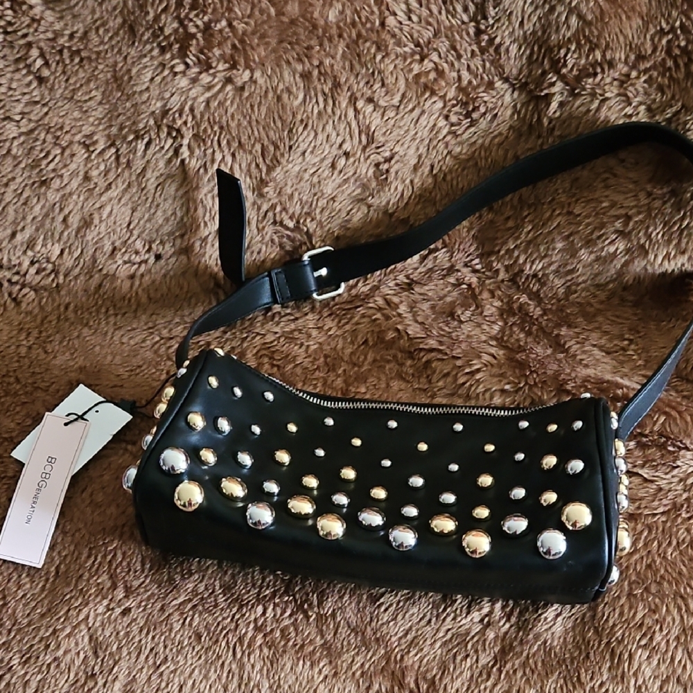 BCBGeneration Black Shoulder Bag with Silver and Gold Studs
